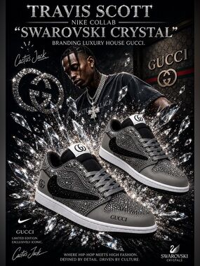 New! Travis Scott Nike collab, “Swarovski crystal”branding luxury house Gucci.